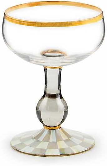MACKENZIE-CHILDS Coupe Glass, Decorative Stemmed Cocktail Glass, 11 Ounces, Gray-and-White Sterling Check