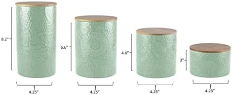 American Atelier Embossed Canister Set 4-Piece Ceramic Set Jar Container with Wooden Lids for Cookies, Candy, Coffee, Flour, Sugar, Rice, Pasta, Cereal & More Sage