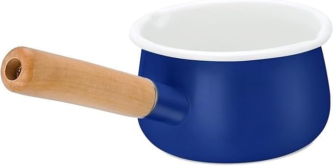 Enamel Milk Pan with Dual Pour Spout Butter Warmer Milk Pot for Stove Top Healthy White Enameled Inside Coating Iron 1QT Small Soup Pot with Wooden Handle (Blue)
