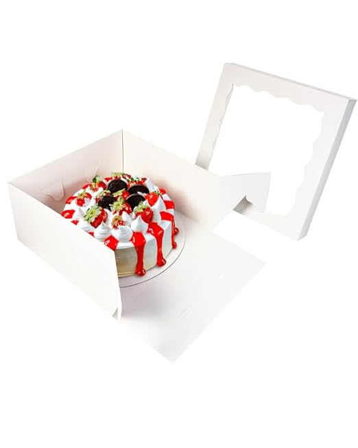 qiqee White 12x12x6 Cake Box, 4 Sets White Cake Box with Window & 4 Sets 12" White Cake Round Boards, 12inch Cake Containers