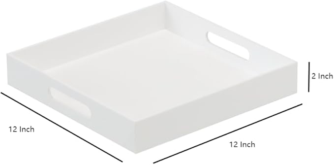 Glossy White Sturdy Acrylic Serving Tray with Handles-12x12 Inch-Serving Coffee,Appetizer,Breakfast,Butler-Kitchen Countertop Tray-Makeup Drawer Organizer-Vanity Table,Ottoman Tray-Decorative