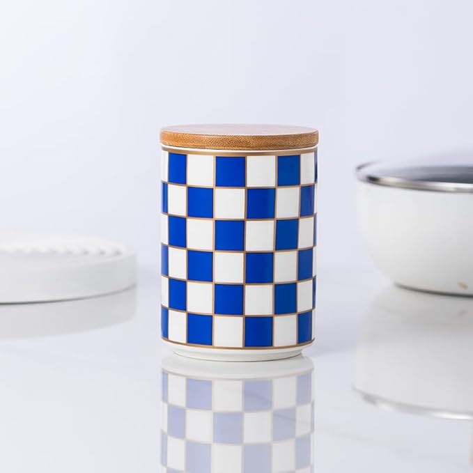 Kitchen countertop ceramic grid pattern airtight jar set - a set of 3 kitchen jars with layered shelves, sealed countertop flour and sugar containers, coffee and tea storage (Blue)