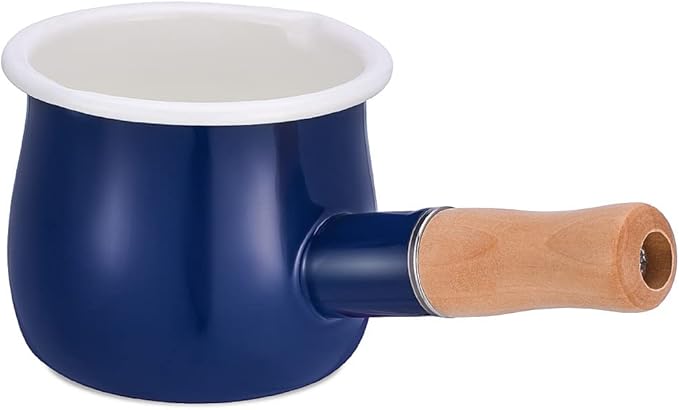Enamel Milk Pot, Small Enamel Saucepan Milk Pot Butter Warmer 4 Inch 17 Oz Enamel Small Sauce Pan with Wooden Handle, Perfect Size for Heating Smaller Liquid Portions. (Blue)