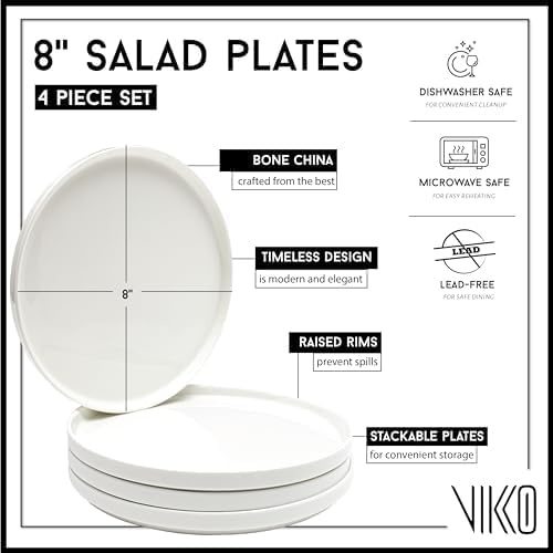Vikko Salad Plate, Set of 4 White Plates, Dessert, Salad, Appetizer Plate, Fine Bone China, Stackable 8 Inch Dessert Plates, Dishwasher Safe