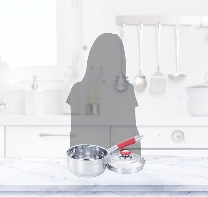 Concord 2 Quart Stainless Steel Saucepan with SIMPLE POUR Vented Glass Lid. Features Dual Pouring Spouts and Volume Marking. Perfect for making Sauces, Jam, Ramen, and more