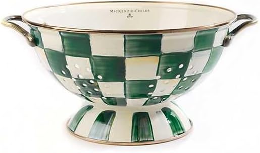 MACKENZIE-CHILDS Enamel Colander, Decorative Kitchen Strainer, Large, Green-and-White Emerald Check