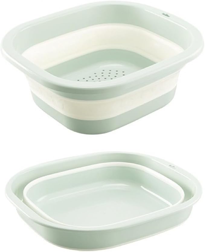 2pcs Folding Colander Bowls Strainers for Kitchen, Double Layer Drain Basket and Fruits Bowl, Multipurpose Food Prep Container for Pasta, Spaghetti, Vegetables, & Fruit Draining (GREEN)