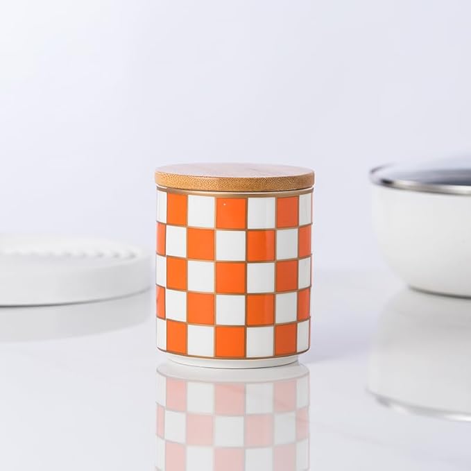 Kitchen countertop ceramic grid pattern airtight jar set - a set of 3 kitchen jars with layered shelves, sealed countertop flour and sugar containers, coffee and tea storage (Orange)