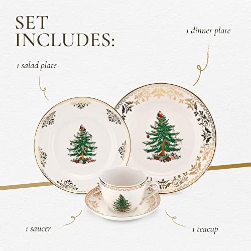 Spode Christmas Tree Gold 4-Piece Holiday Dinnerware Set - Fine Earthenware Tableware with 22K Gold Accents - Dinner Plate, Salad Plate, Teacup, Saucer - Festive Christmas Tableware, Dishwasher Safe