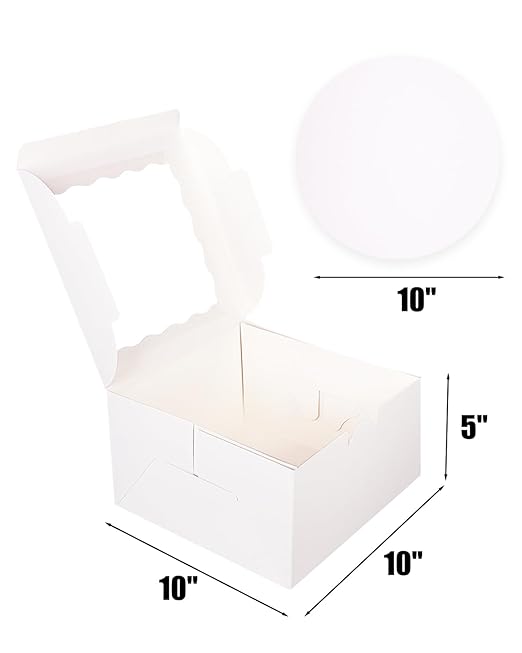qiqee 10x10x5 Cake Box, 18 Sets White Cake Box with Window & 18 Sets 10" White Cake Round Boards, 10inch Cake Containers, 10 Meters Gold Silk Ribbon