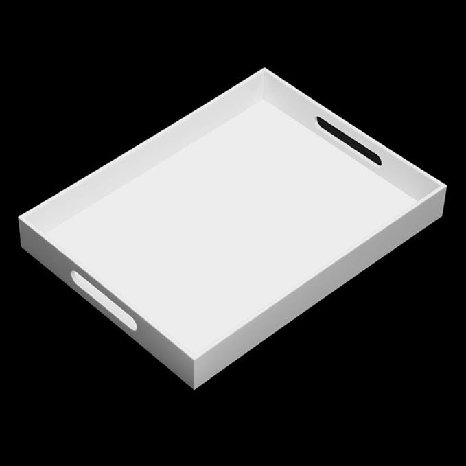 Glossy White Acrylic Serving Tray, 12x16Inch, Sturdy Kitchen Countertop Organizer, Decorative Vanity Table Tray, Ottoman Tray, 3/16 inch Thickness