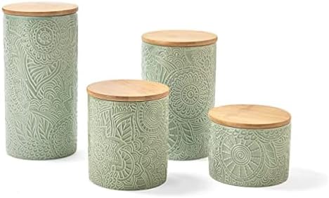 American Atelier Embossed Canister Set 4-Piece Ceramic Set Jar Container with Wooden Lids for Cookies, Candy, Coffee, Flour, Sugar, Rice, Pasta, Cereal & More Sage