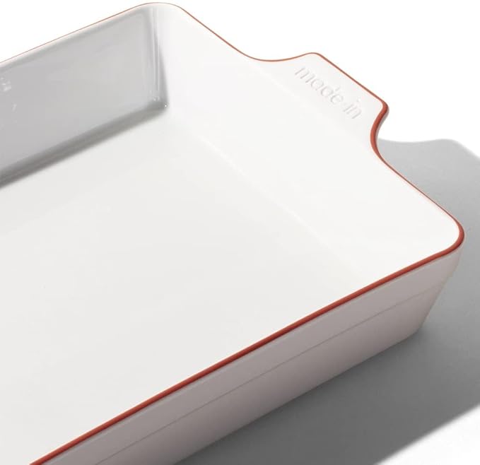 Made In Cookware - Rectangular Baking Dish - Red Rim - Hand Crafted Porcelain - Professional Bakeware - Made in France