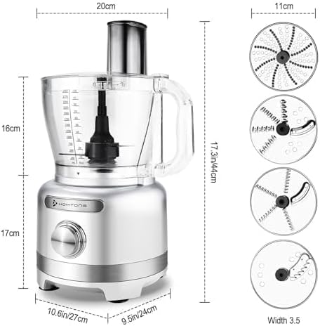Homtone 16 Cup Food Processor, 9 Functions 7 Blades 3 Speeds for Shredding, Slicing, Doughing, Emulsfying and Meat Vegetable Chopping for Home Use, 600W (Sliver)