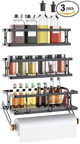 3 Pack Spice Racks Wall Mount With Paper Towel Holder and Hooks for hanging,Space Saving Spice Rack Organizer for Spice Jars and Seasonings, Spice Organization for Cabinet, Pantry,Black