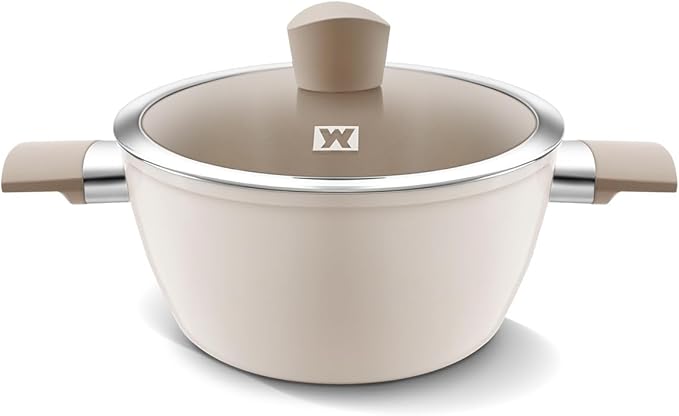 Aluminum Stock Pot with 7-Layered Ceramic Coating, Non-Stick Surface, Tempered Glass Lid, Dual Heat-Proof Handles, PFOA, PFAS, Lead, Cadmium Free, 3.63Liters /3.84Quarts