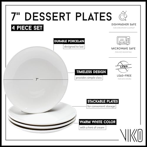Vikko Dessert Plate, Set of 4 White Plates, Fine Porcelain, Stackable 7 Inch Dessert Plates, Dishwasher Safe, 7/'' Dessert Plate