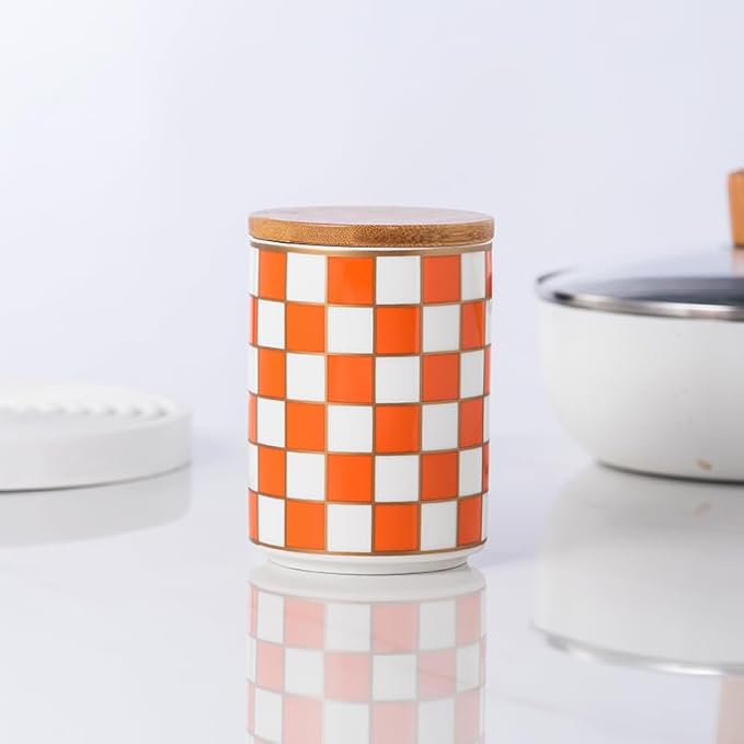 Kitchen countertop ceramic grid pattern airtight jar set - a set of 3 kitchen jars with layered shelves, sealed countertop flour and sugar containers, coffee and tea storage (Orange)