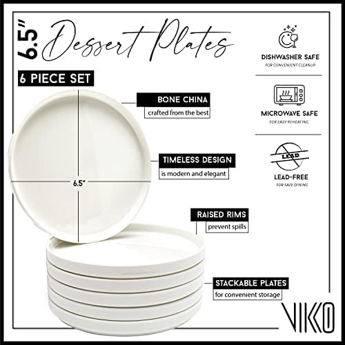 Vikko Salad Plate, Set of 6 White Plates, Bone China, Stackable 6.5 Inch Dessert Plates