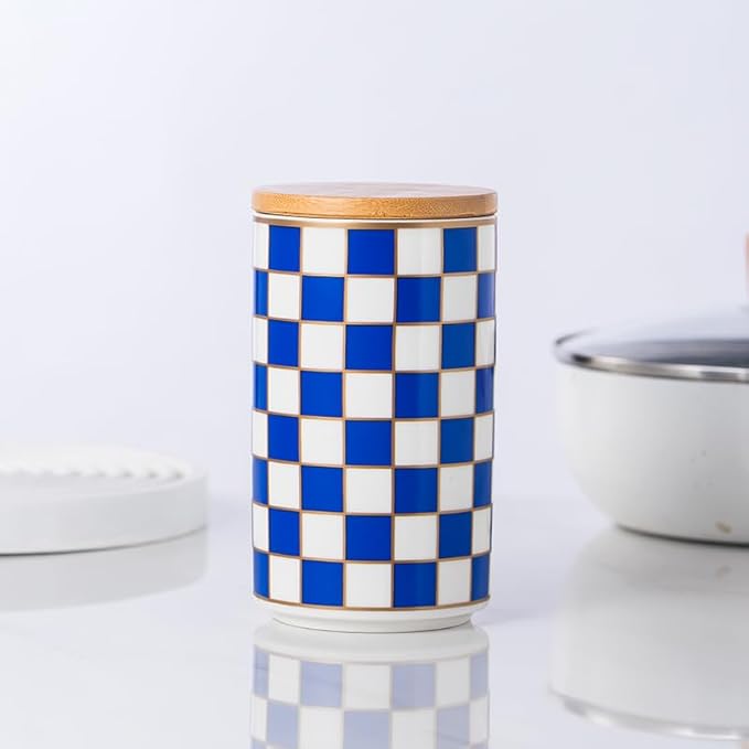 Kitchen countertop ceramic grid pattern airtight jar set - a set of 3 kitchen jars with layered shelves, sealed countertop flour and sugar containers, coffee and tea storage (Blue)