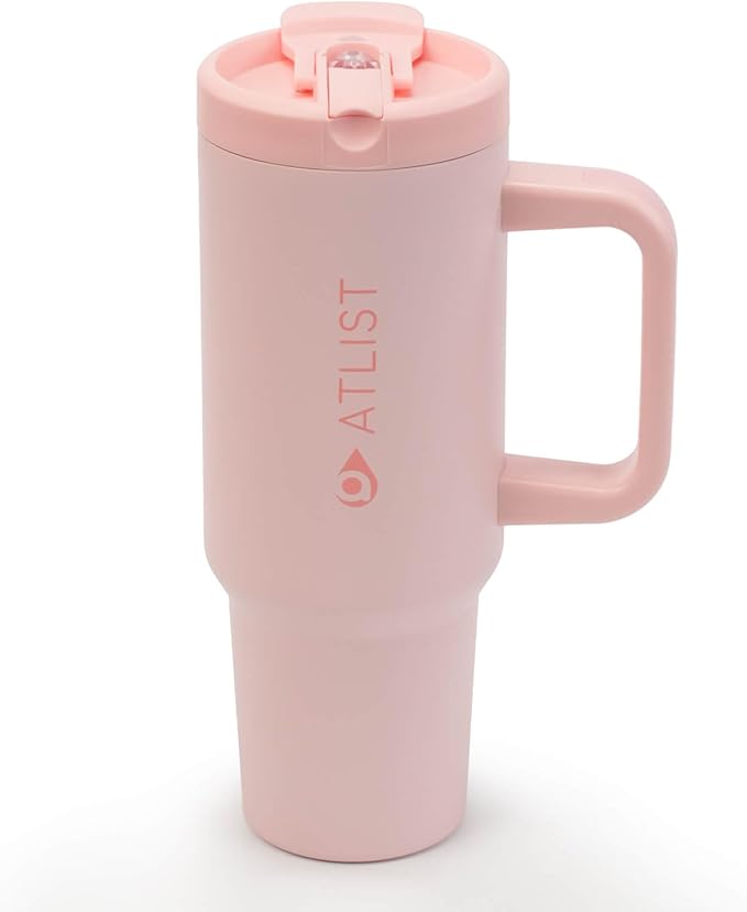 100% Leakproof 40 oz Tumbler with Handle & 4-in-1 SipSwig Lid, Built-In Flip Straw & External Stainless Steel Straw, Insulated Stainless Steel Cup, BPA-Free, Pink