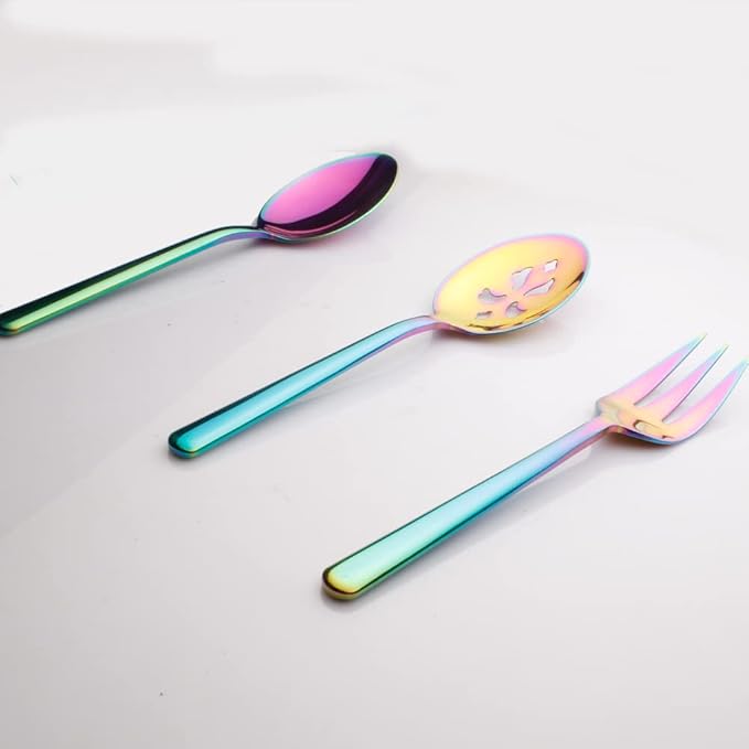 Rainbow Serving Spoons*2 Slot Spoons* 2 Forks *2 Buffet Colander Stainless Steel Banquet Set, Set of 6. Lenght 9" (6-rainbow spoon forks set)
