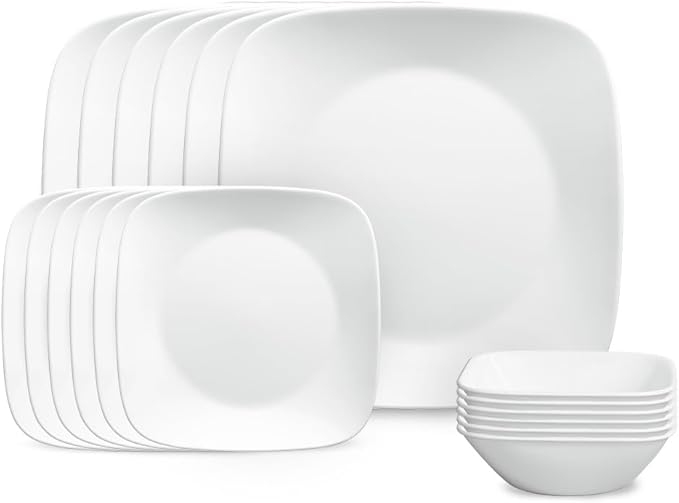 Corelle Vitrelle 18-Piece Service for 6 Square Dinnerware Set Triple Layer Glass and Chip Resistant, Lightweight Square Plates and Bowls Set, Pure White