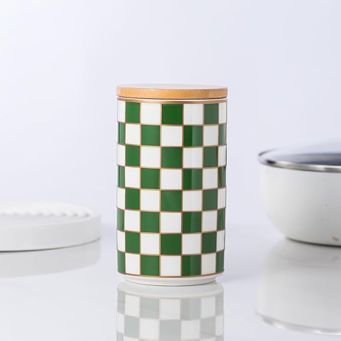 Kitchen countertop ceramic grid pattern airtight jar set - a set of 3 kitchen jars with layered shelves, sealed countertop flour and sugar containers, coffee and tea storage (Green)