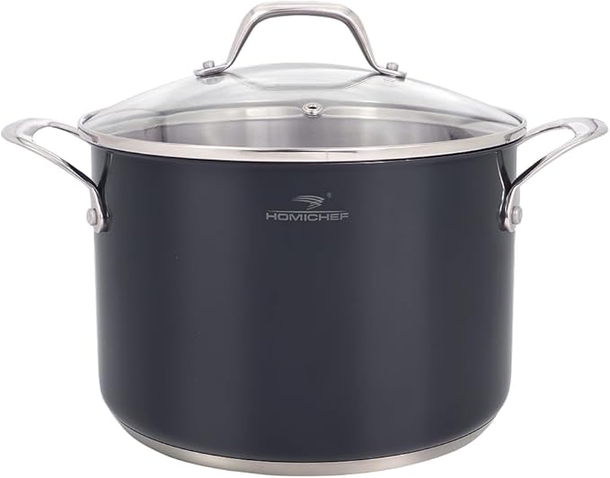 HOMI CHEF Navy Gray NICKEL FREE Stainless Steel 7 Quart Stock Pot with Glass Lid (Non Coating, 9.5 Inch) - No Toxic 7 qt Stockpot With Lid