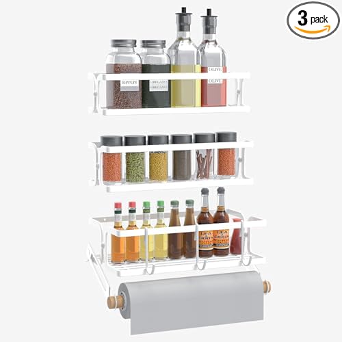 3 Pack White Spice Racks Wall Mount With Paper Towel Holder and Hooks for hanging,Space Saving Spice Rack Organizer for Spice Jars and Seasonings, Spice Organization for Cabinet, Pantry