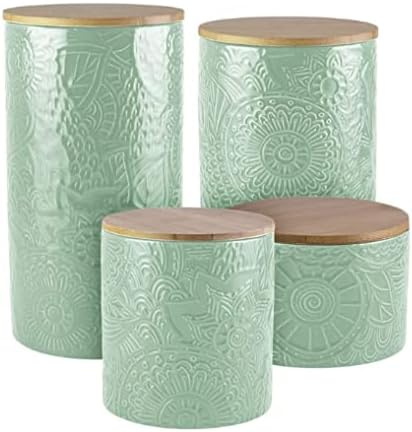 American Atelier Embossed Canister Set 4-Piece Ceramic Set Jar Container with Wooden Lids for Cookies, Candy, Coffee, Flour, Sugar, Rice, Pasta, Cereal & More Sage