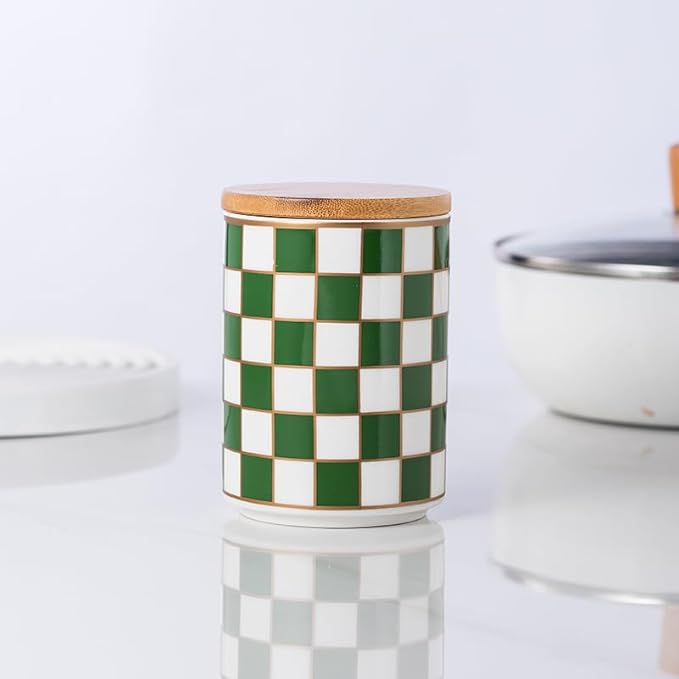 Kitchen countertop ceramic grid pattern airtight jar set - a set of 3 kitchen jars with layered shelves, sealed countertop flour and sugar containers, coffee and tea storage (Green)