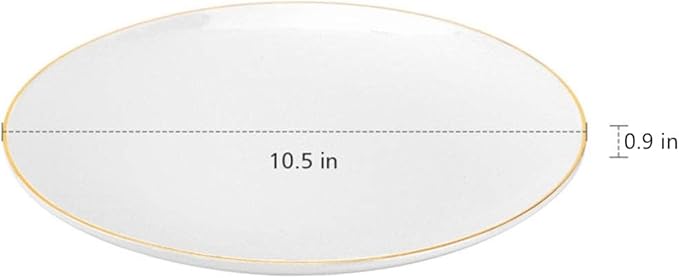 10.5” Porcelain Coupe Dinner Plates with Golden Rim, Stackable Off-White Ceramic and Round, Perfect for Salad, Dessert, Steak, Pasta (Set of 6)