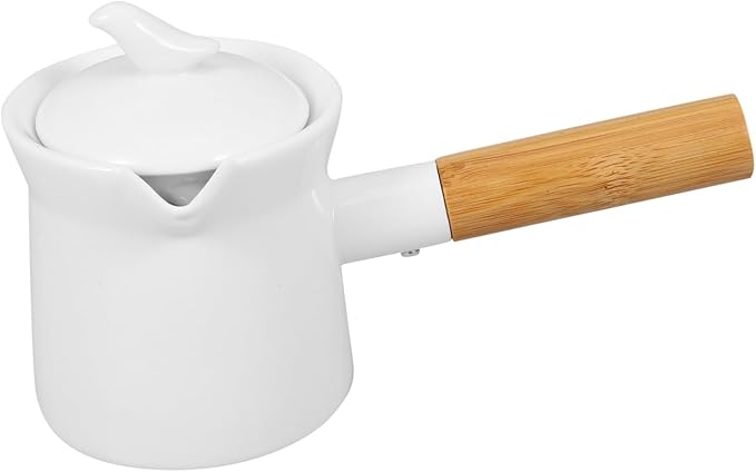 PATKAW Enamel Milk Pan Small Saucepan Enamelware Butter Warmer Mini Cooking Pot with Wooden Handle Lid for Heating Melting Boiling 350ml White