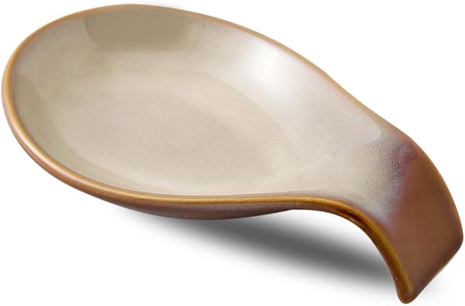Nihow Ceramic Spoon Rest: 4 Inch Stable Utensil Rest - Spoon Holder for Kitchen counter/Countertop/Stove Top - Dishwasher Safe - Elegant Brown (1 PC)