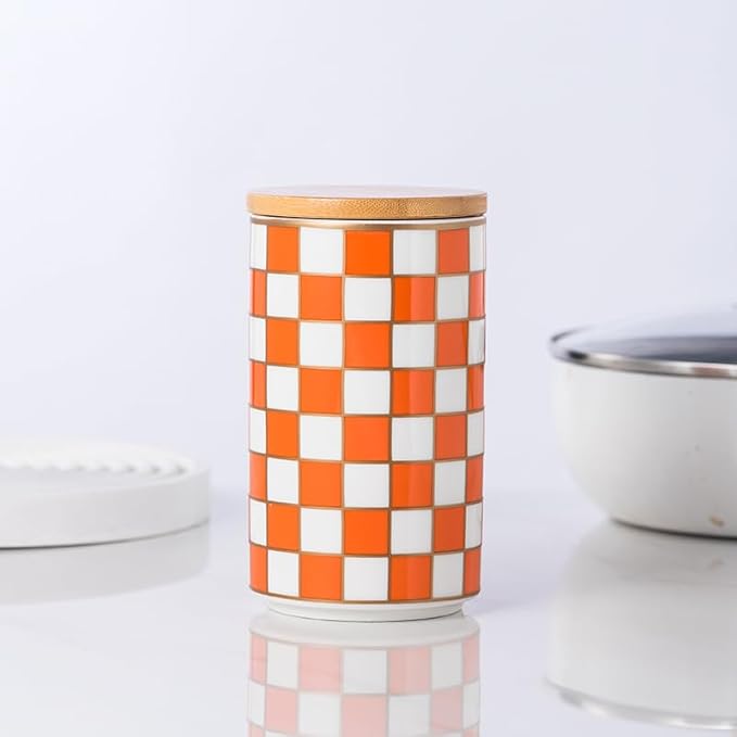 Kitchen countertop ceramic grid pattern airtight jar set - a set of 3 kitchen jars with layered shelves, sealed countertop flour and sugar containers, coffee and tea storage (Orange)