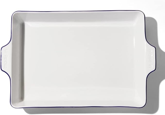 Made In Cookware - Rectangular Baking Dish - Navy Rim - Hand Crafted Porcelain - Professional Bakeware - Made in France