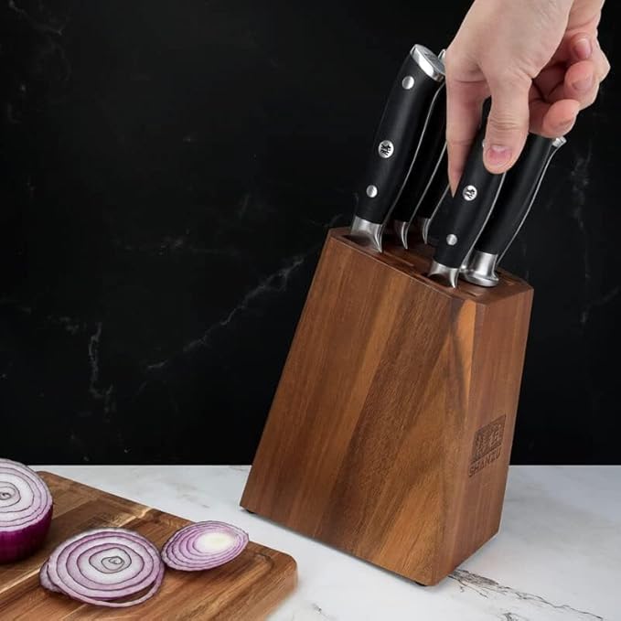 SHAN ZU Damascus Kitchen Knife Set, 7-Piece Professional Knife Sets for Chefs, Japanese Super Steel Damascus Kitchen Knife Set With G10 Handle Knife Block Set