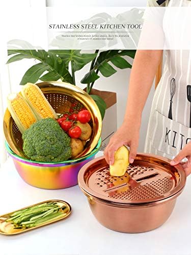 3PC/Set Colander set Stainless Steel Vegetable Slicer Fruit Potato Peeler Carrot Grater Strainer Utensil Round Rice Washer Bowl Drain Basket-Rose Gold