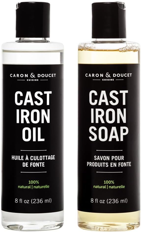 CARON & DOUCET - Cast Iron Cleaning & Conditioning Set: Seasoning Oil & Cleaning Soap | 100% Plant-Based | Best for Washing, Restoring & Seasoning Cast Iron Skillets, Pans & Grills! 8oz Each