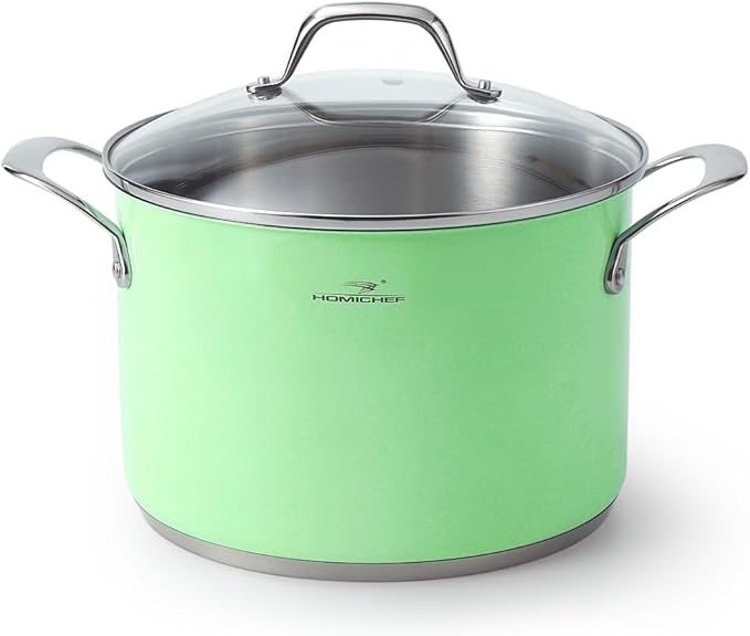 HOMICHEF 7 Quart Nickel Free Stainless Steel Stock Pot - Mint Green Non-Toxic 9.5 Inch Stockpot with Glass Lid - Coating Free Heavy Duty Induction Soup Pot for Cooking
