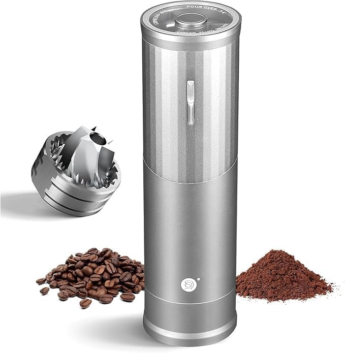 Electric Coffee Grinders, Portable Burr Grinder Capacity 50g w/Magnetic Cover,External Adjustable Setting, Aluminum Alloy Body, 800mAh Battery(Stand not Included) Silver