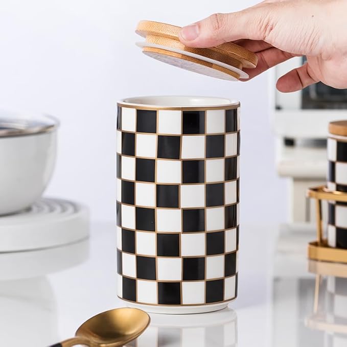 Kitchen Countertop Ceramic Checkered Canisters Set, 3Pcs Grid Pattern Kitchen Jars with Layered Shelves, Sealed Countertop Flour and Sugar Containers, Coffee and Tea Storage