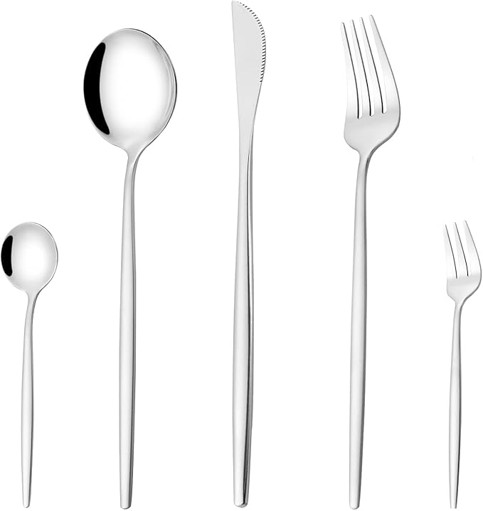 Mirror Modern Flatware Set for 4, 20-Piece Stainless Steel Silverware Set, LaienLife Unique Utensils with Long Forks Spoons and Knives Sets, Great for Home and Restaurant, Dishwasher Safe - Silver