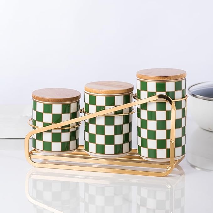 Kitchen countertop ceramic grid pattern airtight jar set - a set of 3 kitchen jars with layered shelves, sealed countertop flour and sugar containers, coffee and tea storage (Green)