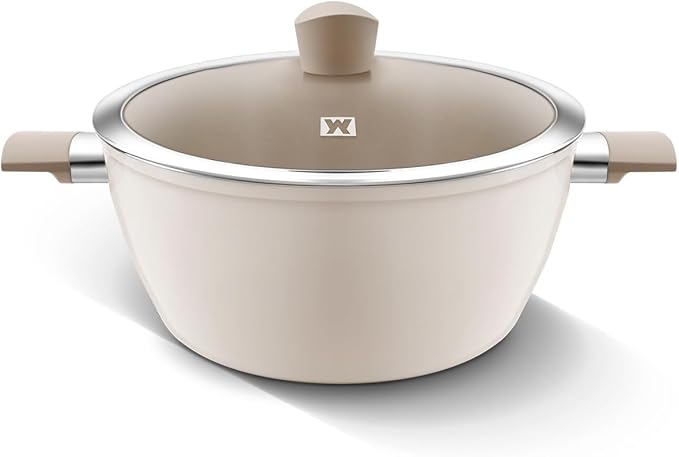 Large Size Aluminum Stock Pot with 7-Layered Ceramic Coating, Non-Stick Surface, Bakelite Stay-Cool Handles,Tempered Glass, Family Meal, Deep Design, 9.95Liter / 10.51Quarts