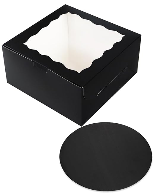 qiqee 10x10x5 Cake Box, 18 Sets Black Cake Box with Window & 18 Sets 10" Black Cake Round Boards, 10inch Cake Containers