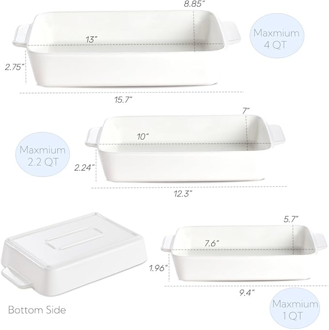 Ceramic Bakeware Set, Rectangular Porcelain Baking Dishes for Kitchen, Lasagna Pans with Handle for Cooking, 13"/10"/7.6" Baking Pan Deep Casserole Dish for Baking, Set of 3 White
