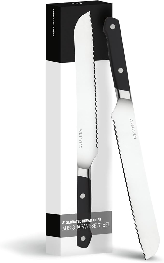 Misen Serrated Bread Knife – High-Carbon Japanese AUS8 Steel – Effortless Slicing of Bread, Pastries, and Fruits – Razor-Sharp Edge and Durable Blade with Ergonomic Handle - 10", Black