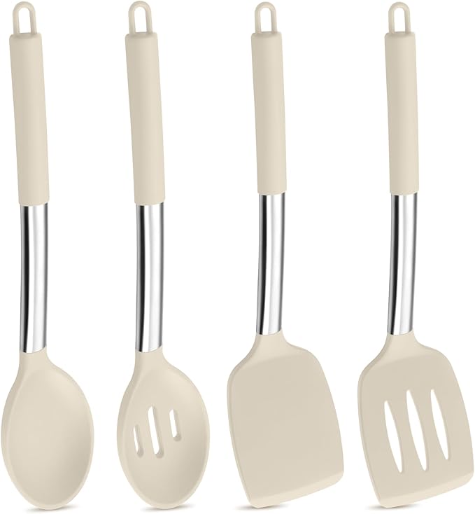 P&P CHEF Khaki Kitchen Cooking Utensil Set of 4, Silicone Solid Spatulas Slotted Spoons Turners for Non-stick Cookware Flipping Mixing, Heat-proof